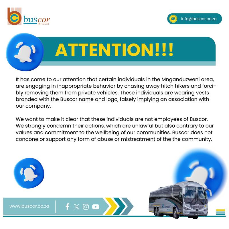 Important notice: Beware of individuals posing as Buscor employees, chasing away hitch hikers and forcibly removing them from private vehicles. Anyone falling victim of this should report to law enforcement authorities.  
#URGENT #Notice #hitchhiking #staysafe #FraudAlert