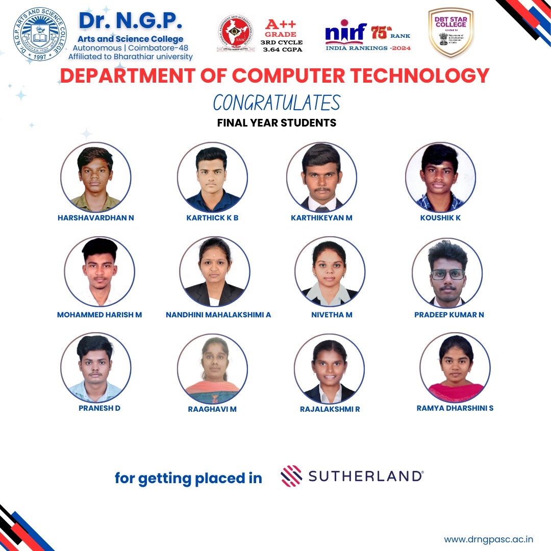 DrNGPASC_KMCRET's tweet photo. Congratulations to the final year Computer Technology students for securing placements at Sutherland. Your hard work and dedication have paid off. Wishing you all great success in your careers! 🎉

#CampusPlacement #Sutherland #StudentAchievement #ComputerTechnology #DrNGPASC https://t.co/fJUFWjL2H6
