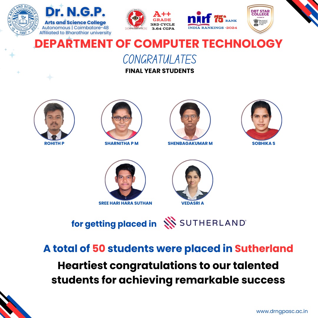 DrNGPASC_KMCRET's tweet photo. Congratulations to the final year Computer Technology students for securing placements at Sutherland. Your hard work and dedication have paid off. Wishing you all great success in your careers! 🎉

#CampusPlacement #Sutherland #StudentAchievement #ComputerTechnology #DrNGPASC https://t.co/fJUFWjL2H6