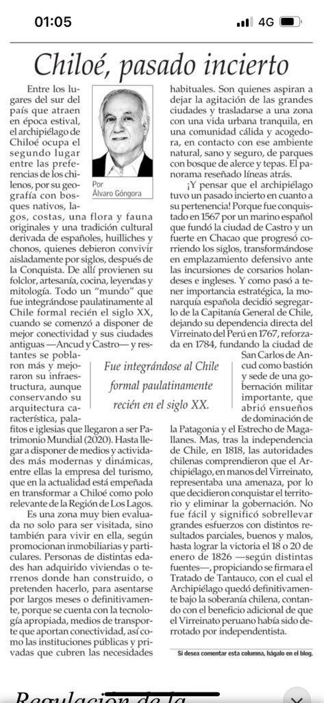A propósito de los 199 años de la anexion de Chiloé a la República de Chile hoy en El Mercurio columna de opinión del historiador Álvaro Góngora.