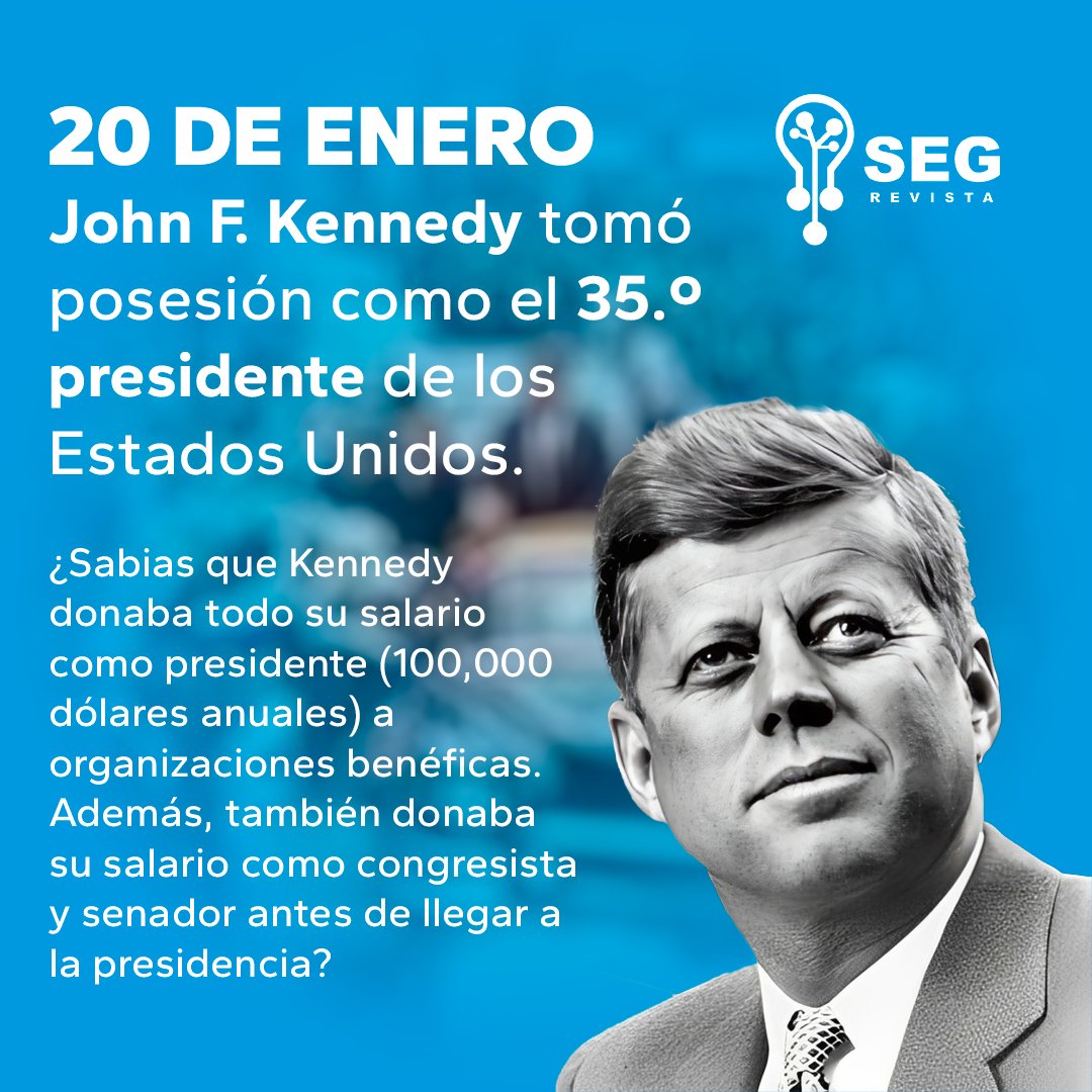 SEGrevista's tweet photo. 20 de enero de 1961

John F. Kennedy asumió como el 35.º presidente de EE. UU., siendo el más joven y el primer católico en el cargo.

✨Su histórico discurso dejó la icónica frase:
"No preguntes qué puede hacer tu país por ti, pregunta qué puedes hacer tú por tu país."
#Historia https://t.co/fF91Y4OdDs