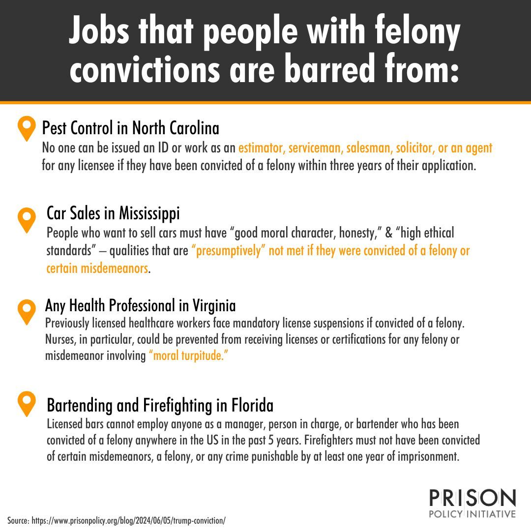 A reminder ahead of Donald Trump's inauguration: No, having 34 felony convictions does not stop him from being president.

But felony convictions DO prohibit 19 million people in the US from earning a living in more ordinary roles, like firefighting or pest control work.