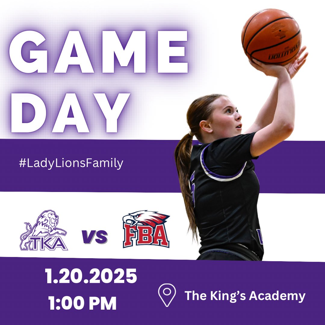 It’s GAME DAY!! <a href="/TKALadyLionsWBB/">TKA Lady Lions Basketball</a> will host First Baptist Academy for a district matchup this afternoon! Come out today and cheer on your Lady Lions! Varsity Girls game will tip-off at 1:00 p.m. following the middle school Lady Lions game at noon. 
#LadyLionsFamily