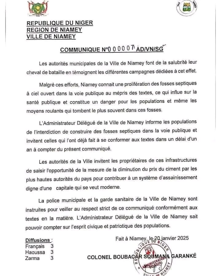 #Niamey #Niger #Mesure
La Ville de Niamey informe les populations de l’interdiction de construire des fosses septiques dans la voie publique et invitent celles qui l'ont déjà fait à se conformer aux textes.

Que vous inspire une telle mesure ?