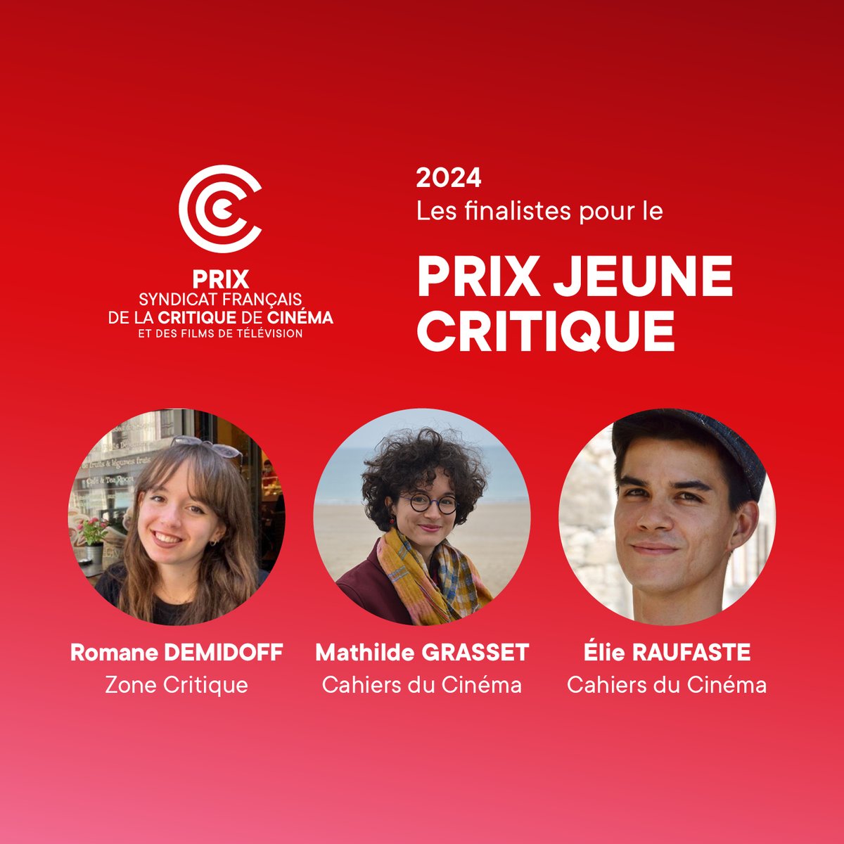 [📣- Finalistes Prix SFCC]

Pour la 5e année, le #SFCC met en lumière l'émergence de la jeune critique de cinéma ! 

Qui de Romane Demidoff, Mathilde Grasset et Elie Raufaste remportera le Prix Jeune Critique 2024 ?
🎉 Verdict le lundi 10 février à la <a href="/cinemathequefr/">La Cinémathèque</a>
