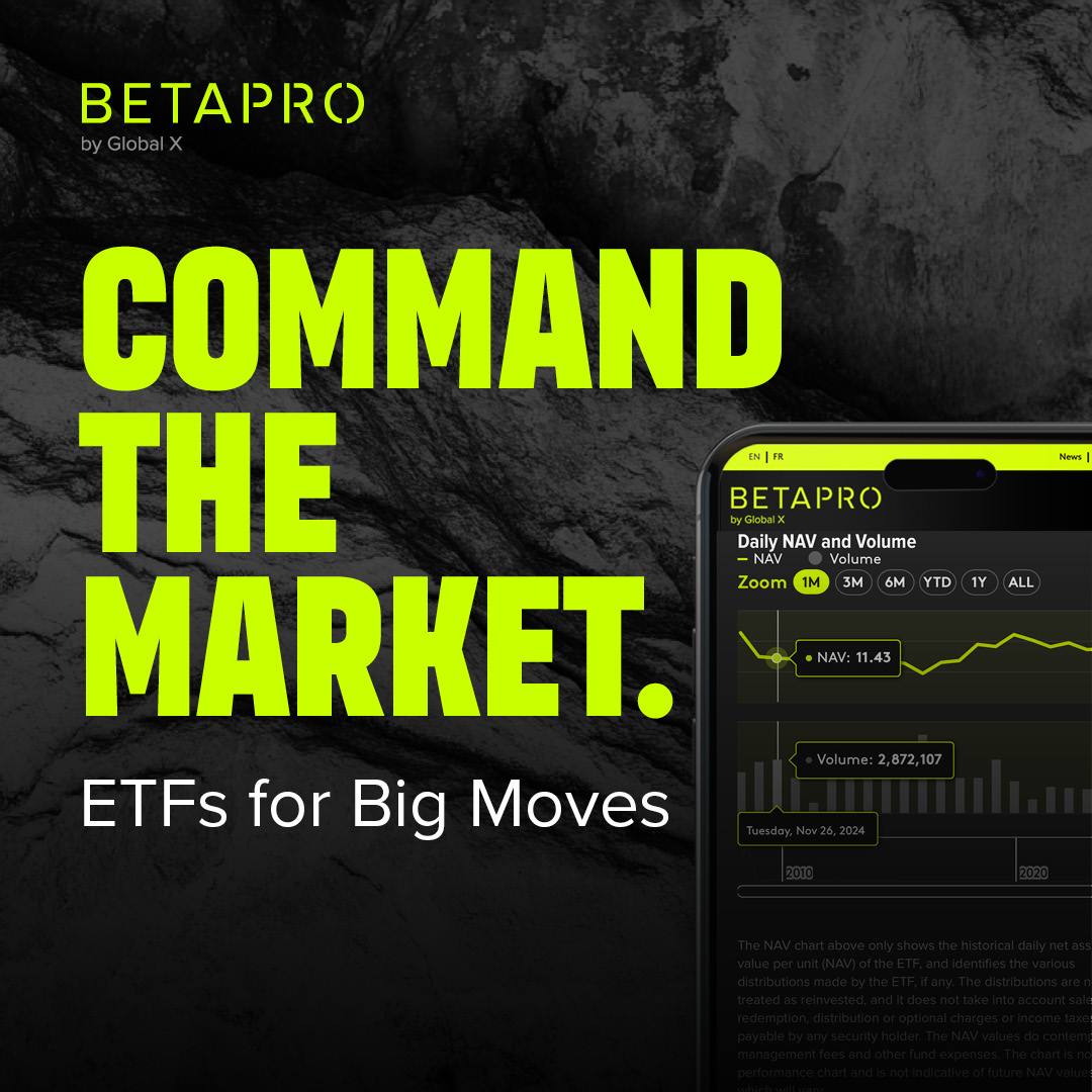 BetaProETFs's tweet image. Meet the new BetaPro by Global X: Canada’s largest and longest-standing suite of leveraged, inverse, and inverse leveraged ETFs.
For over a decade, we’ve provided traders with tools to harness the markets. Explore our new website: betapro.ca