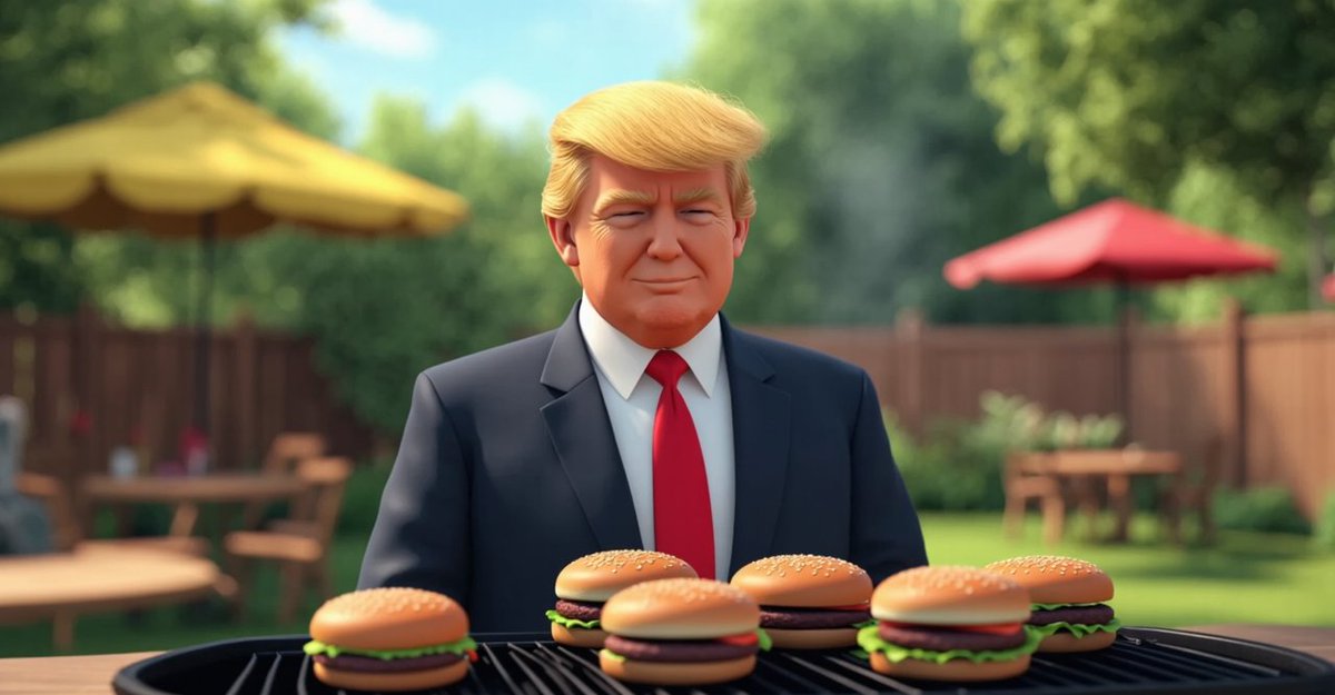 TrumpAIArt's tweet photo. Flipping burgers and deals—this grill is hotter than the polls! 🍔🔥 #MasterOfTheBBQ #MakingBarbecuesGreatAgain https://t.co/iQZWRUm9B3