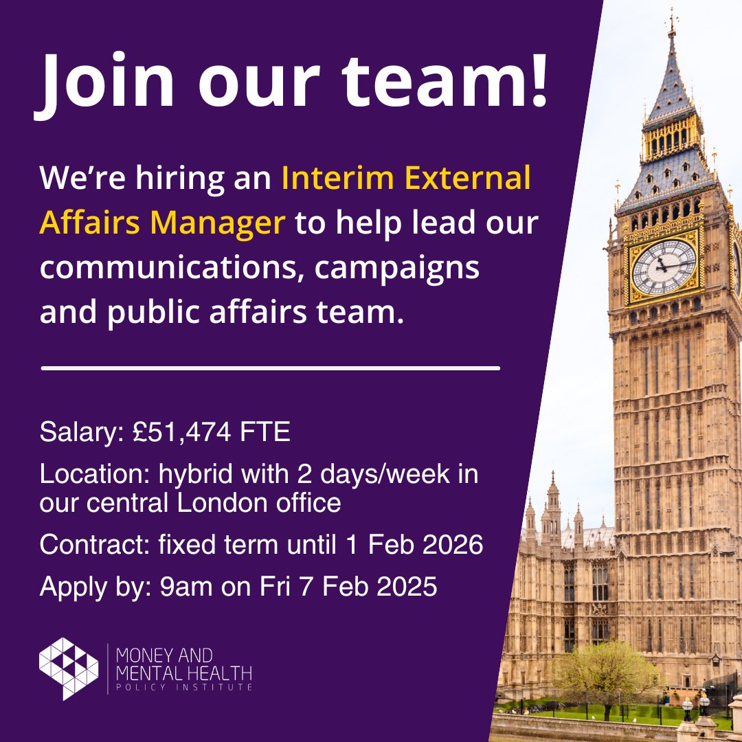 Apply to join Money and Mental Health!

We’re hiring someone to help lead our campaigning and public affairs work, as well as supporting the day to day work of the External Affairs team.

Find more detail - including how to apply - on our website: bit.ly/44pQ7Br