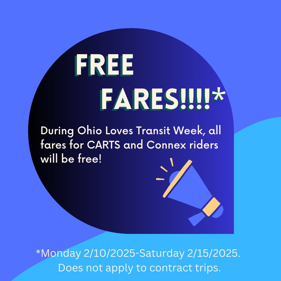 CARTSTransit's tweet image. All self pay trips on CARTS and Connex EL/Salem/Columbiana will be free during Ohio Loves Transit week!