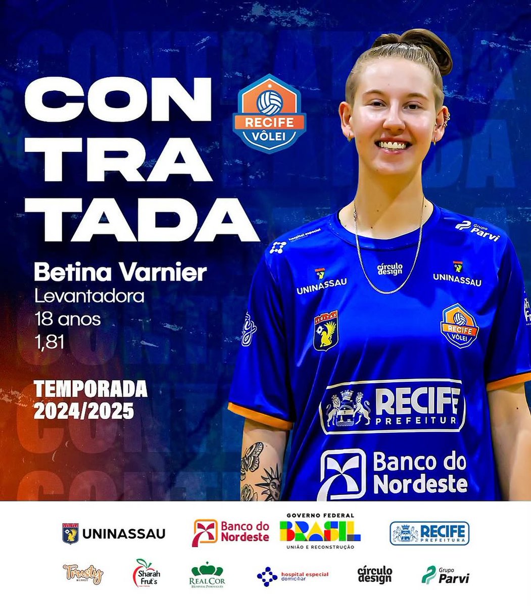 🏐O Recife Vôlei anunciou nesta segunda-feira (20) a contratação da levantadora Betina Varnier Zarth (18 anos/ 1,81m) como reforço para o restante da temporada.

📜Betina tem passagens pelo Minas Tênis Clube e pelo Juventus Vôlei.

#volei #recifevolei #superligab