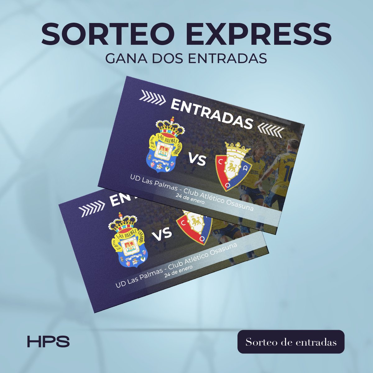 🎉 SORTEO en Instagram🎉

¿Quieres dos entradas para la UD Las Palmas - Osasuna?

Entra en nuestro Instagram y participa.