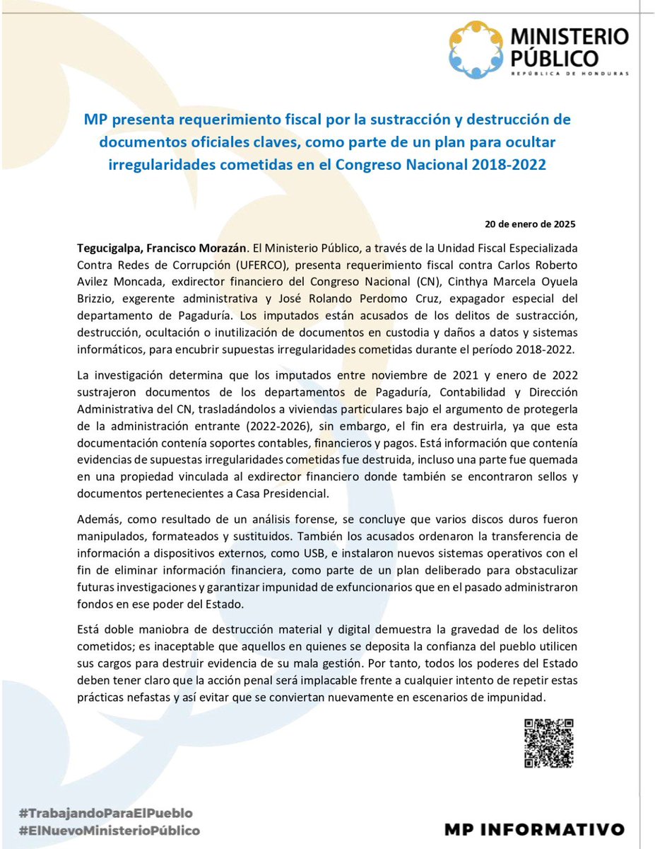 MP presenta requerimiento fiscal por la sustracción y destrucción de documentos oficiales claves, como parte de un plan para ocultar irregularidades cometidas en el Congreso Nacional 2018-2022.