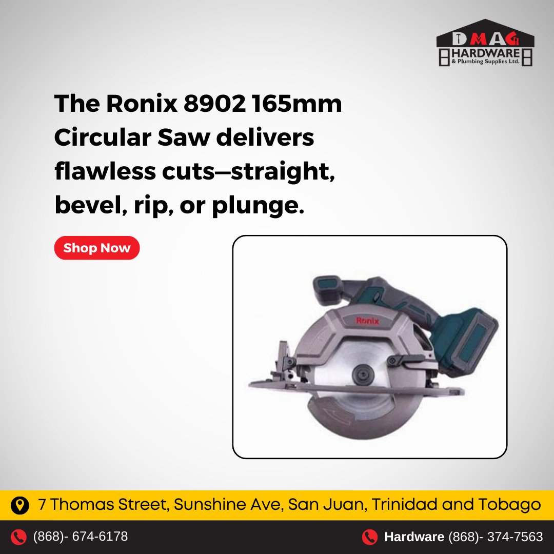 DmagLtd's tweet photo. 🔧 Precision Meets Power!

The #Ronix 8902 165mm #Circular Saw delivers flawless cuts—straight, bevel, rip, or plunge. 🌟
.
Order now!

Contact us at 868-374-7563 via WhatsApp or by calling 
📍 7 Thomas Street, Sunshine Ave, San Juan, Trinidad and Tobago 

#TrinidadandTobago https://t.co/rEvkUWZLXV