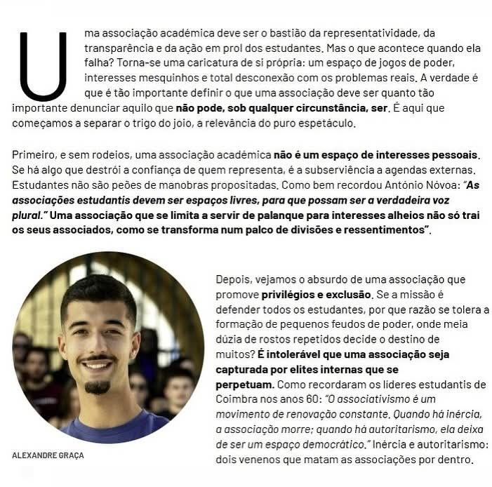 AlexandreGraa6's tweet photo. “Associações Académicas: Bastião da representatividade ou palco de vaidades”

🗣️ “Uma Associação que se limita a servir de palanque para interesses alheios não só trai os seus associados, como se transforma num palco de divisões e ressentimentos”- Alexandre Graça https://t.co/yzkxsQgR3d