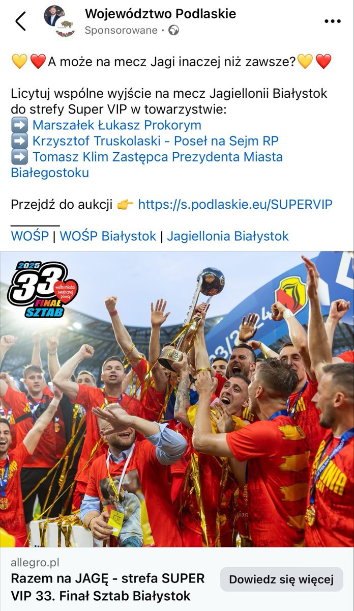 Urząd Marszałkowski wykupił płatną promocję aukcji na WOŚP, w której do wygrania jest możliwość obejrzenia meczu Jagiellonii w jakże zaszczytnym gronie „wiernych fanatyków” 😄 Jaka to jest forma promocji województwa, że taki post jest sponsorowany? 

Bareja wiecznie żywy.