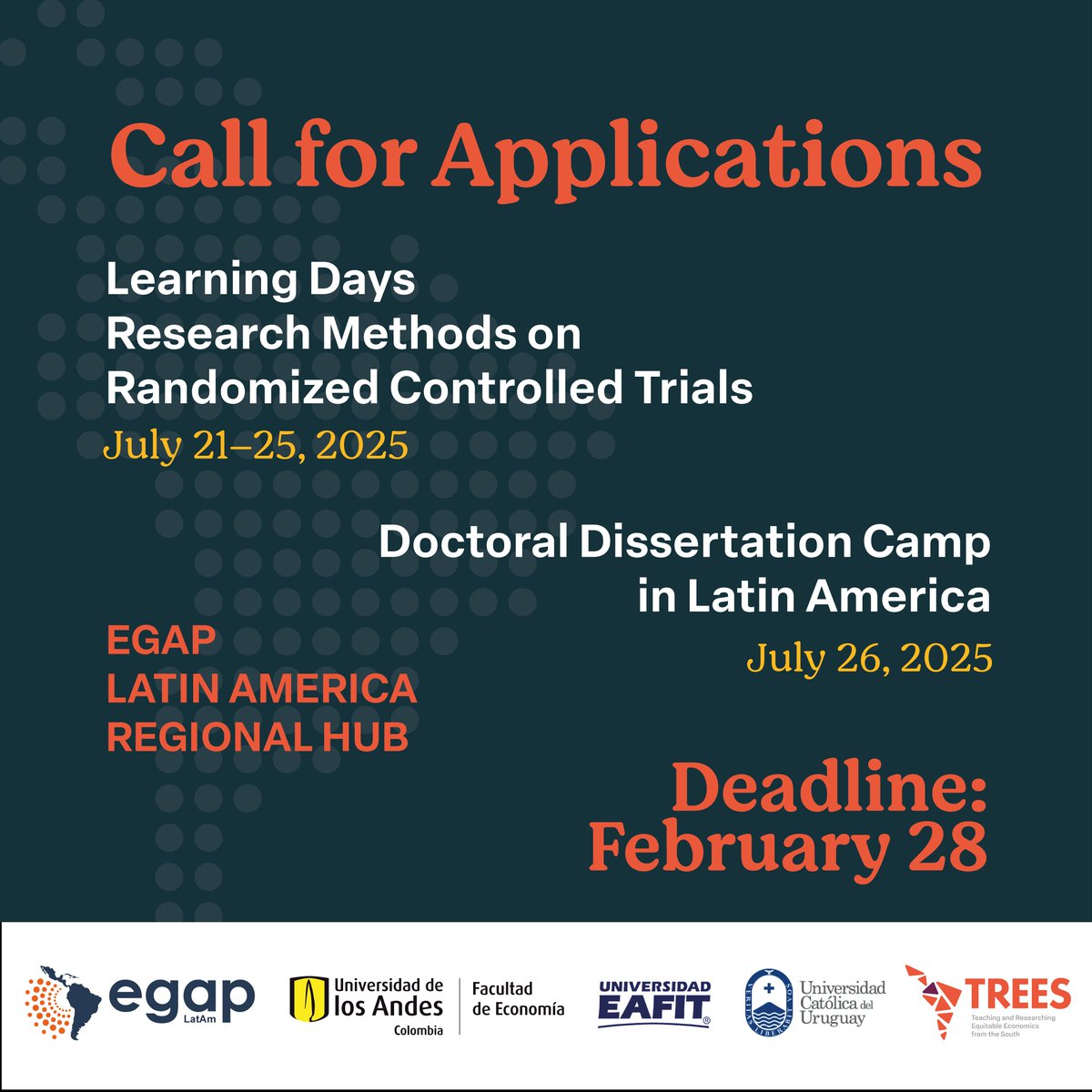EGAP (@egaptweets) on Twitter photo 📢 Call for Applications
Join EGAP’s #LatAmHub <a href="/EconomiaUAndes/">Economía Uniandes</a> Learning Days Workshop & Doctoral Dissertation Camp w/ <a href="/treesuniandes/">TREES</a>, happening July 21-26, 2025!
📍 Location: <a href="/UCUoficial/">Universidad Católica</a>, Montevideo
🗓 Application Deadline: February 28, 2025
🔗 More info: buff.ly/4gfMRx7 📢 Call for Applications
Join EGAP’s #LatAmHub <a href="/EconomiaUAndes/">Economía Uniandes</a> Learning Days Workshop & Doctoral Dissertation Camp w/ <a href="/treesuniandes/">TREES</a>, happening July 21-26, 2025!
📍 Location: <a href="/UCUoficial/">Universidad Católica</a>, Montevideo
🗓 Application Deadline: February 28, 2025
🔗 More info: buff.ly/4gfMRx7