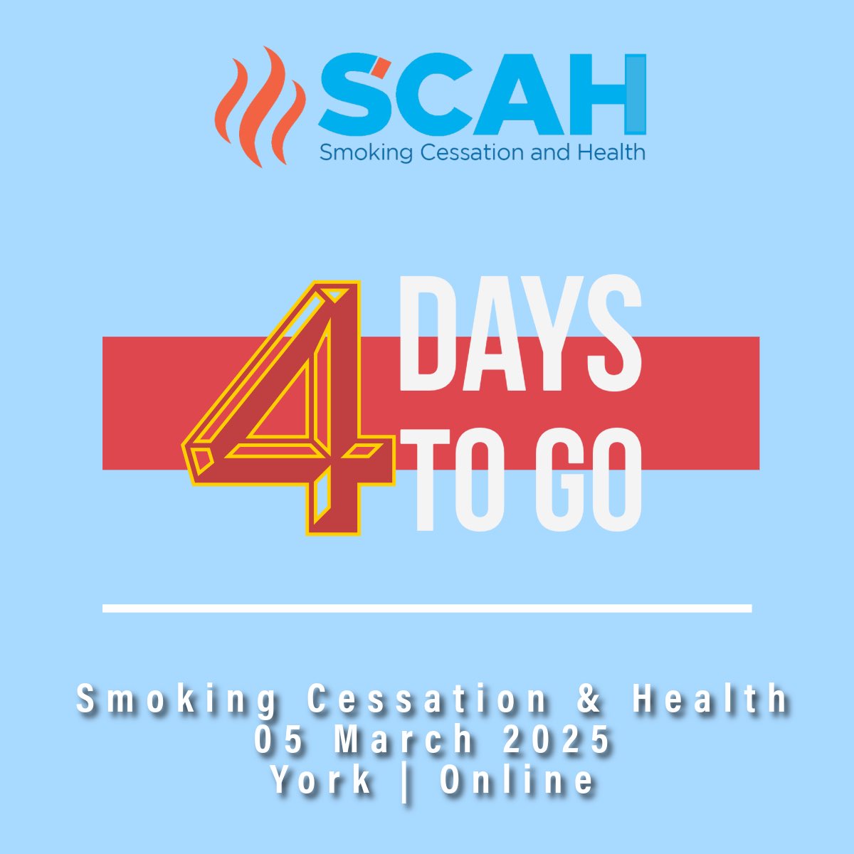 There are just four days remaining to claim your early-bird discount. Standard rates will apply after 24.1.2025. 

Register here: smokingcessationandhealth.co.uk/register/

We look forward to seeing you at #SCaH2025