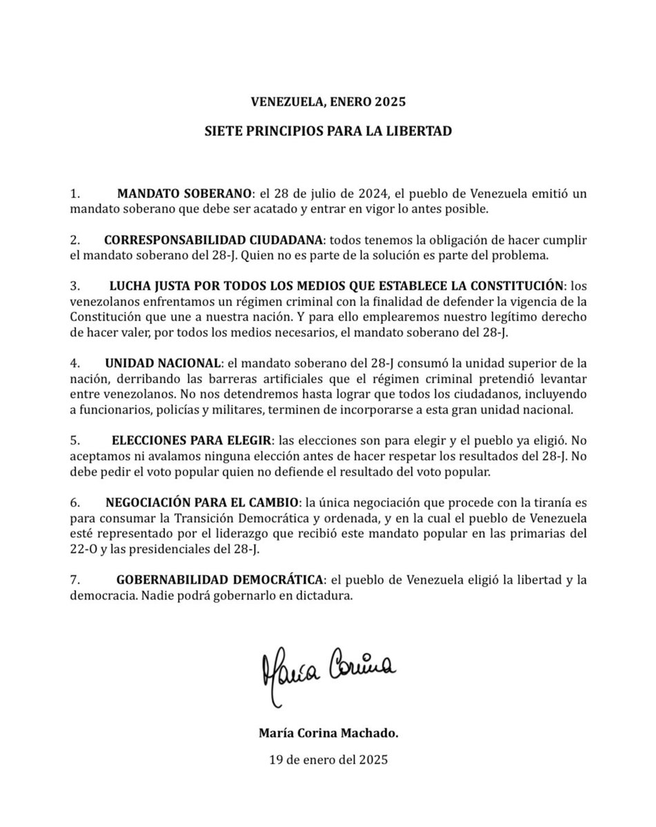 ¡Conoce los 7 principios para la libertad! 

La estrategia y límites planteados por María Corina Machado (<a href="/MariaCorinaYA/">María Corina Machado</a>) para los días por venir.