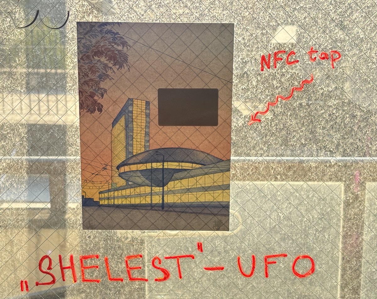 ordinalscrybz's tweet image. Shelest has exhibited two works - Zajacik and UFO, with the former already spending a month ON the wall at @parallelpoliske now being literally zipped into it in Shibuya! 

To obtain the Ordinals work on a hand-painted card, one has to tear it out, destroying the physical piece…