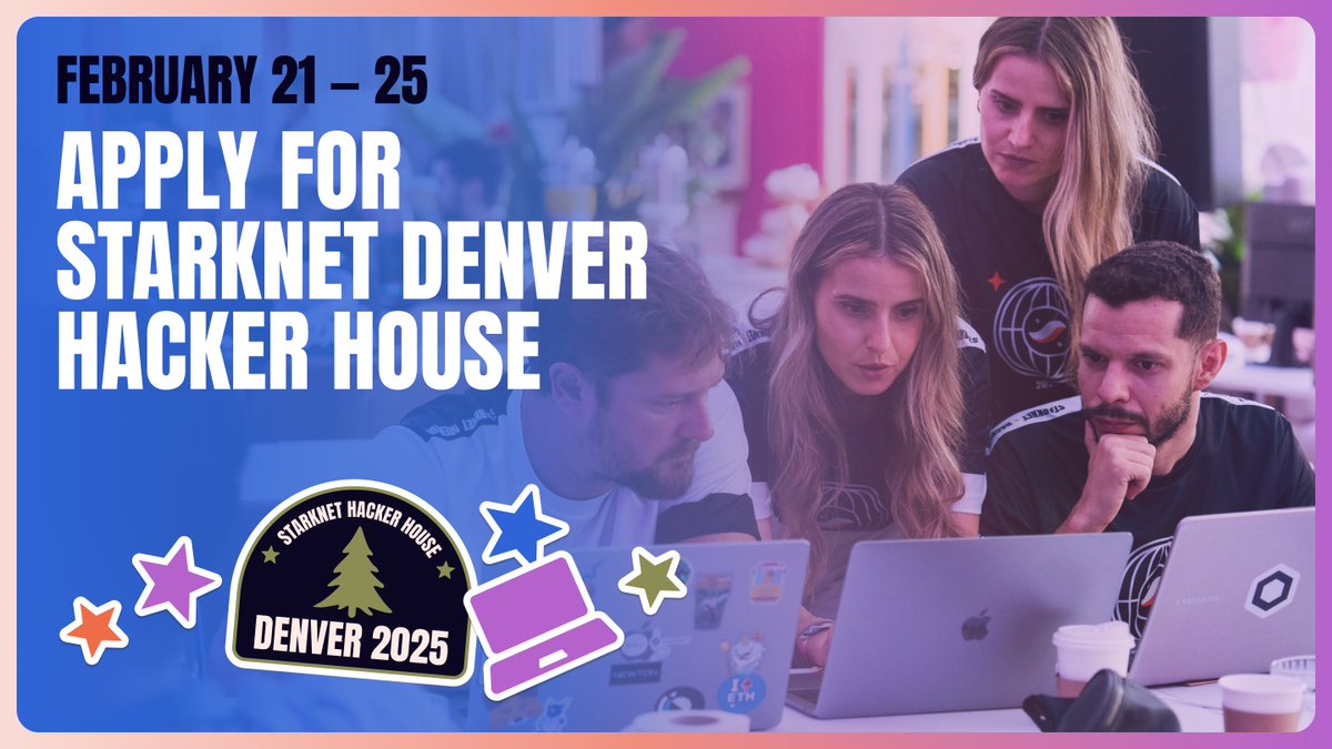 Starknet 🐺🐱 (@starknet) on Twitter photo Turn your MVP into something bigger. The Starknet <a href="/EthereumDenver/">ETHDenver 🏔🦬🦄</a> Hacker House (Feb 21–25) is designed for teams ready to level up their projects and prep for mainnet.
⏳Apply here: starknethackerhouse.io Turn your MVP into something bigger. The Starknet <a href="/EthereumDenver/">ETHDenver 🏔🦬🦄</a> Hacker House (Feb 21–25) is designed for teams ready to level up their projects and prep for mainnet.
⏳Apply here: starknethackerhouse.io