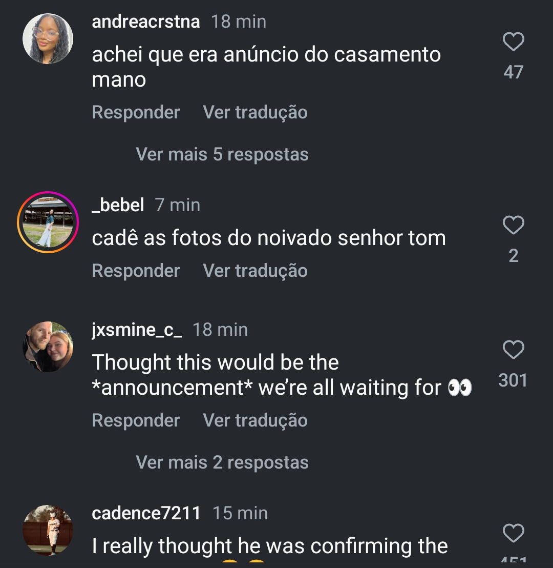o tom posta alguma coisa no instagram, os comentários automaticamente:

kkkkkkkkkkk muito bomn