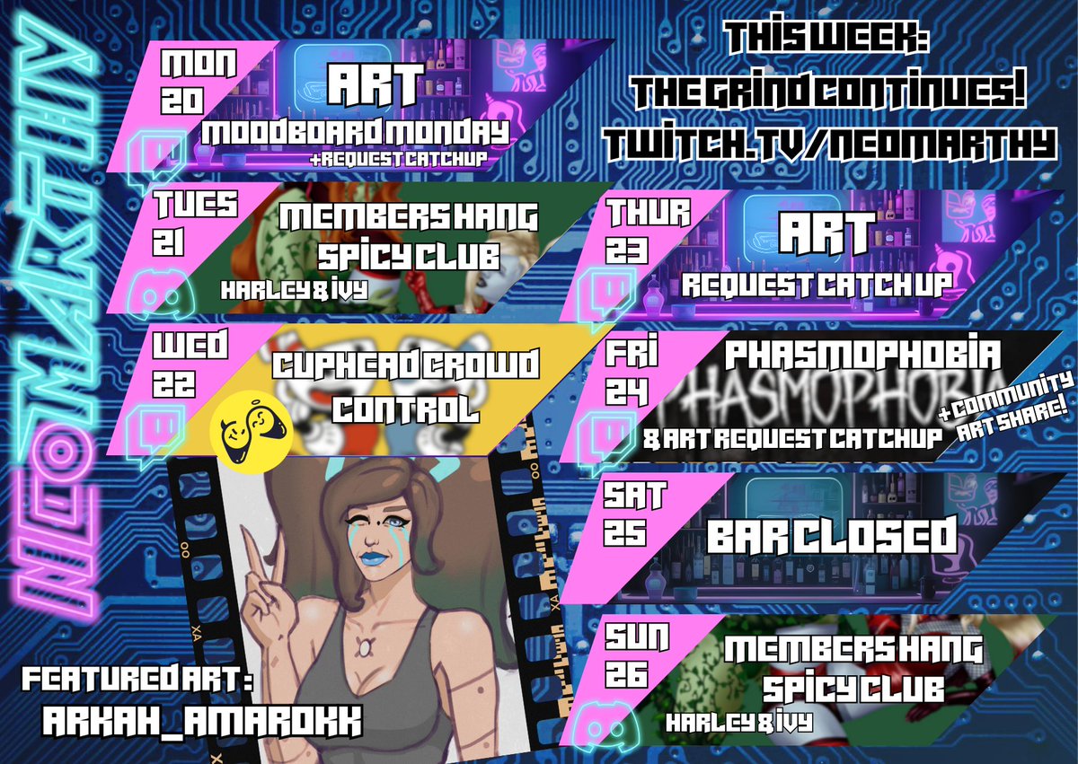 NeoMarthy's tweet image. | Schedule Jan 20th - 26th | 

Could we finish the main game of Cuphead? Will I get through my request queue? Will we complete more than one Phasmo map this Friday? Will I manage to run Spicy Club for more than 2hrs? Find out at ttv/neomarthy!!

🩵 ft. art by ttv/arkah_amarokk 🩵