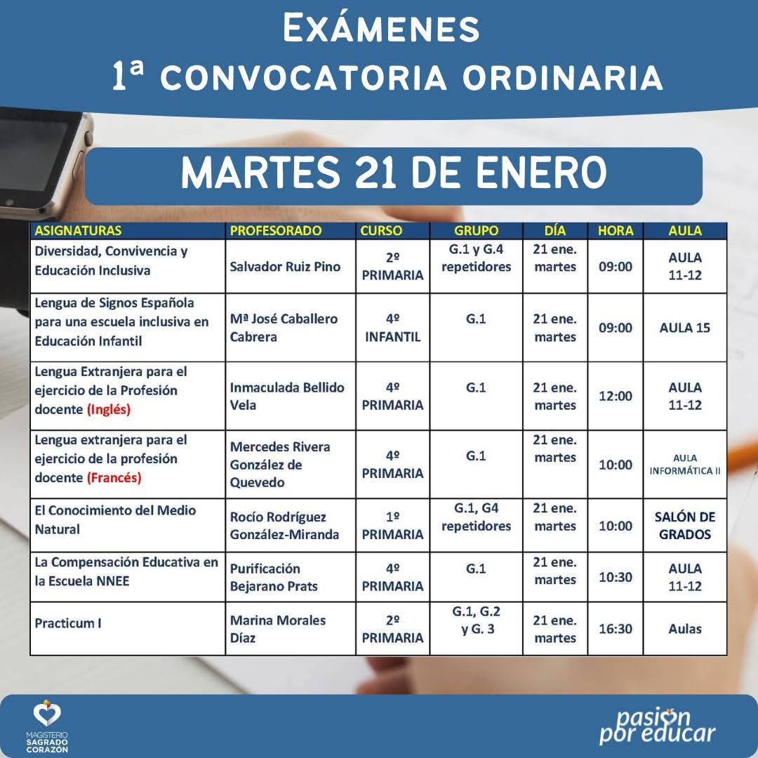 Exámenes 1ª Convocatoria Ordinaria asignaturas 1er Cuatrimestre  Martes 21 de enero  uco.es/sagradocorazon…  #magisteriosc #pasiónporeducar #examenes