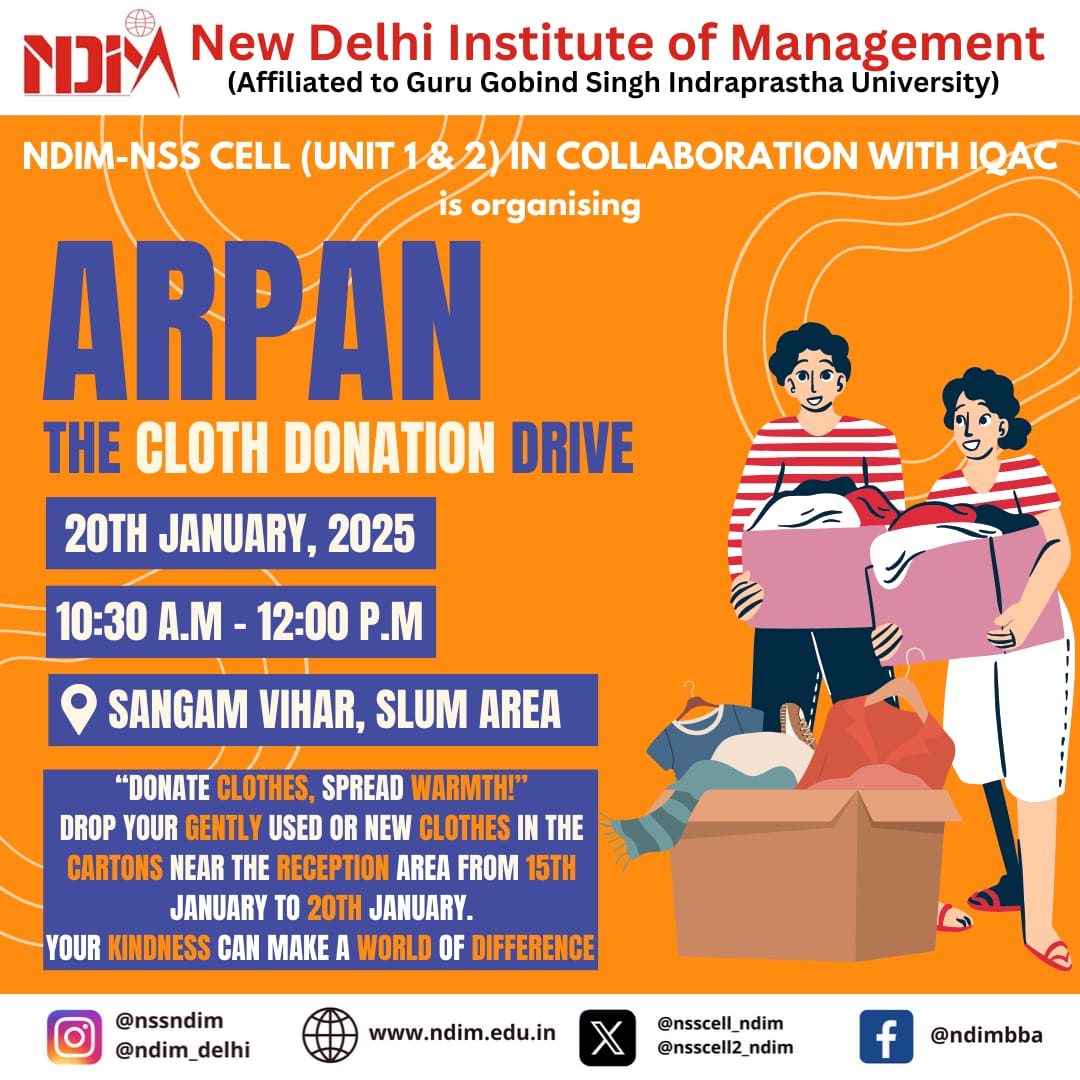 nsscell2_ndim's tweet photo. NDIM-NSS Cell (Unit 1 &amp; 2) presents ARPAN: The Cloth Donation Drive! 🧥❤️

📅 20th Jan 2025
⏰ 10:30 AM - 12:00 PM
📍 Sangam Vihar, Slum Area

Join us to spread warmth &amp; smiles this winter. 🌟 Let’s make a difference together! 🧡

#NDIM #NSS #DonateClothes #SpreadKindness https://t.co/oCadSfsZiA