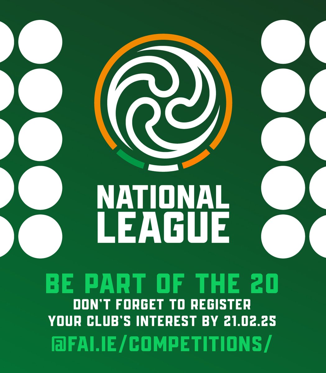 Just over a month to go before the Expressions of Interest deadline for the FAI National League ⏱️

Positive response from clubs across the country so far with the deadline for applications February 21 

Clubs urged to be considered for the new tier of Irish Football 👌

➡️
