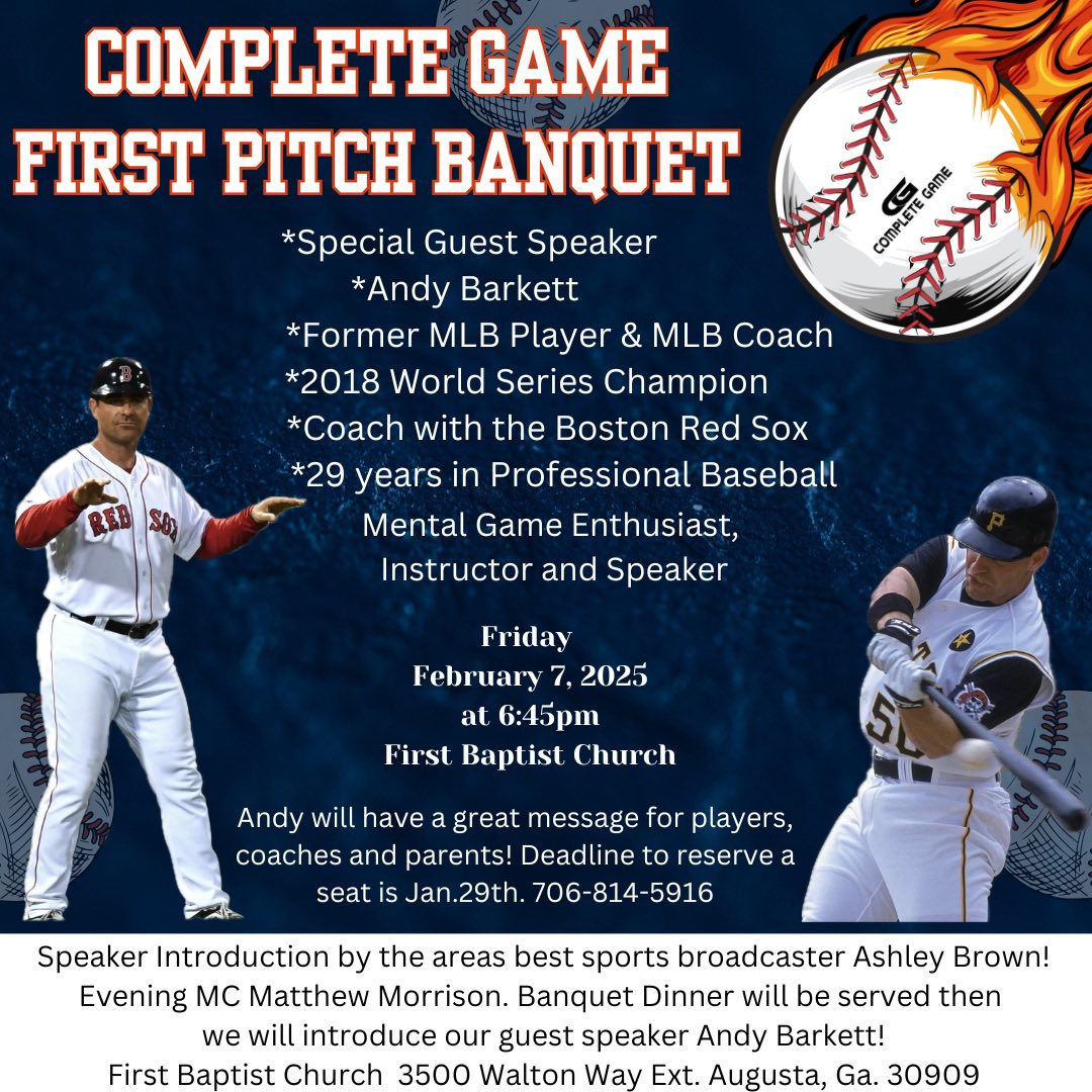 Complete Game (@complete_game_) on Twitter photo *2025 CG First Pitch Banquet!
*Start time is now 6:45pm
*Special Guest Speaker <a href="/abarkett17/">Andy Barkett</a>
*Introduction by <a href="/ABSportsline/">Ashley Brown</a>
*Seat reservations by Jan. 29th
*Each seat includes a dinner plate
*To reserve a table call 706-412-9757
* Individual seats available and tables *2025 CG First Pitch Banquet!
*Start time is now 6:45pm
*Special Guest Speaker <a href="/abarkett17/">Andy Barkett</a>
*Introduction by <a href="/ABSportsline/">Ashley Brown</a>
*Seat reservations by Jan. 29th
*Each seat includes a dinner plate
*To reserve a table call 706-412-9757
* Individual seats available and tables