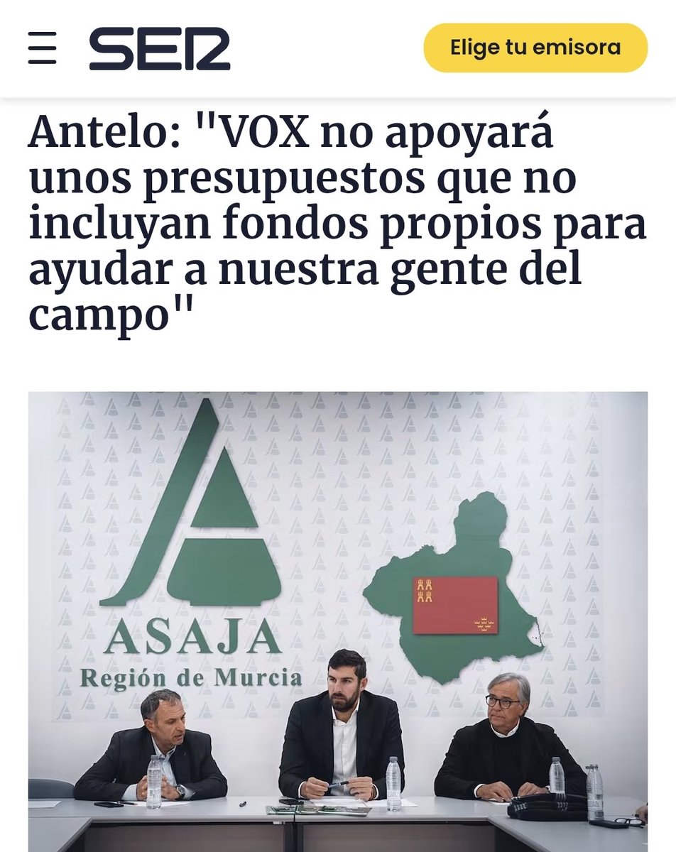 Vox_Murcia's tweet photo. ✅️ No apoyaremos unos presupuestos regionales que no incluyan fondos propios destinados a ayudar al campo.
@JA_Antelo:
🗣"La prosperidad de nuestra Región depende en gran medida del esfuerzo de nuestros agricultores y ganaderos".
⬇️
https://t.co/odFmp26GgG https://t.co/zwkxMtPH1e