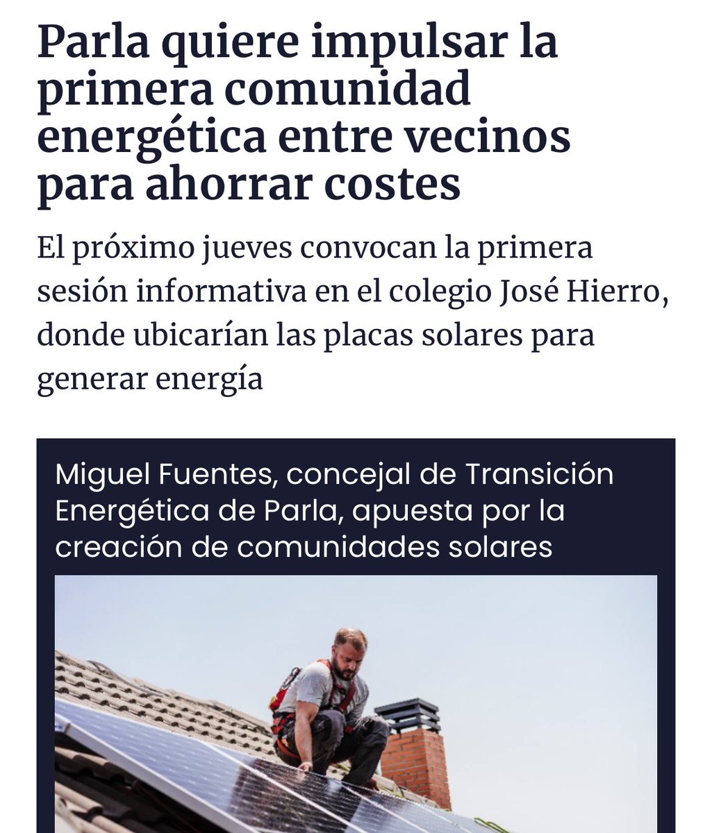 ☀️ La 1ª Comunidad Energética de #Parla será una realidad este 2025.

🔌 La concejalía de Transición Ecológica de <a href="/Miguel_Schez_/">Miguel F. Sánchez</a> pone en marcha esta iniciativa con una jornada informativa.

📌 Jueves 23 de enero de 17.00 a 19.00 en el CEIP José Hierro.

📲 cadenaser.com/cmadrid/2025/0…