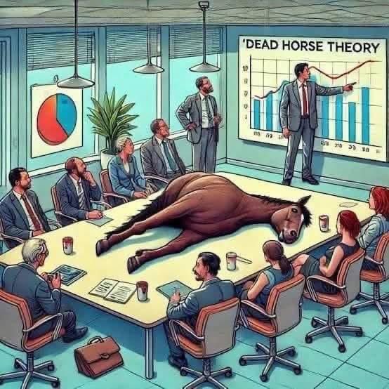 MRALJAFF's tweet photo. نظرية الحصان الميت (Dead Horse Theory) هي استعارة ساخرة توضح بأن هناك بعض الناس أو المؤسسات أو الشعوب تتعامل مع مشكلة واضحة وكانّها غير مفهومة، لكن بدل الاعتراف بالحقيقة، يتعامون ويتفننون في تبريرها والفكرة ببساطة:
لو اكتشفت بأنك راكباً على حصان ميت، فإن أفضل حل وأبسطه هو أن تنزل من فوقه وتتركه ولكن الواقع فعليًا:
أنَّ هناك أناس أو مؤسسات أو شعوب بدلاً من أن تنزل من على الحصان، يتخذون اجراءات اخرى مثل:
1. يأتون بسرج جديد.
2. يأتون بالعلف للحصان.
3. يغيرون الفارس الذي يركبه.
4. يعزلون الموظف الذي يتولى رعايته ويأتون بموظف جديد بدلاً عنه.
5. يعقدون اجتماعات لمناقشة اجراءات لزيادة سرعة الحصان.
6. تشكيل لجان وفرق عمل لدراسة الحصان الميت وتحليل الموضوع من كل الجوانب، فاللجنة تعمل لأشهر ثم ترفع التقارير ومقترحات حلول للحصان ميت.
7. في النهاية، اللجان تتوصل لنفس النتيجة، المعروفة من البداية "الحصان ميت".
8. ولكن مع ضياع كل الجهد والموارد والوقت، يكابرون في قول الحقيقة، ومن أجل التبرير يقارنون الحصان بأحصن ميتة مثله ويوصون بأن الحصان ميت لأنه ينقصه التدريب، ويحتاج إلى دورة تدريبية.
9. وهذه الدورة تتطلب زيادة ميزانية الحصان.
10. وفي الأخير يعيدون تعريف كلمة "ميت" لكي يقنعوا أنفسهم بأن الحصان ما زال حيا.
 الدرس المستفاد من هذه النظرية يكشف كم يوجد هناك من أناس تفضل البقاء في حالة إنكار للواقع وتضيّع وقتها وجهدها في محاولات فاشلة، بدل من الاعتراف بالمشكلة من البداية ومعالجتها. منقول عن صفحة الباحث العلمي ..
منقول 
Dr.thamer qasim altaee