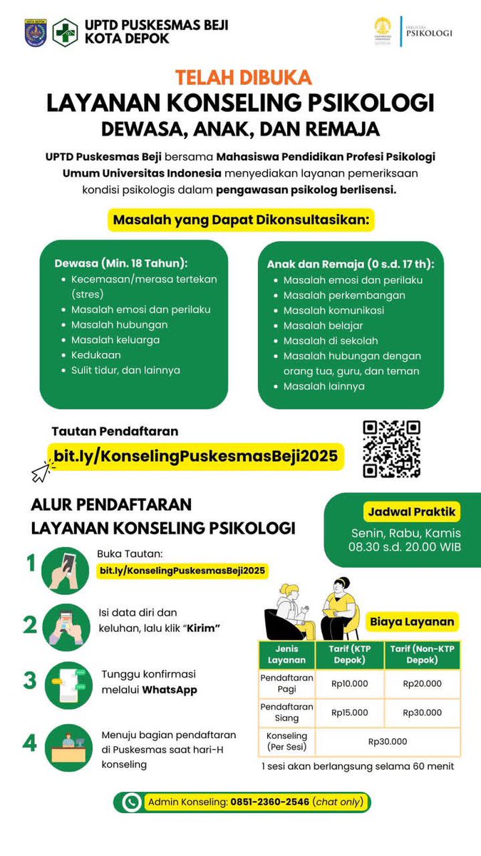 Buat kalian yang dekat Depok mepet Jaksel; rekan2ku yang sedang pendidikan profesi psikolog umum lagi program PKPP dan ada sesi konseling psikologi dengan tarif terjangkau.

Seberapa terjangkau? Hanya 30K-an per sesi. 😀👌🏻

📌 Puskesmas Sukmajaya, Depok
📌 Puskesmas Beji, Depok