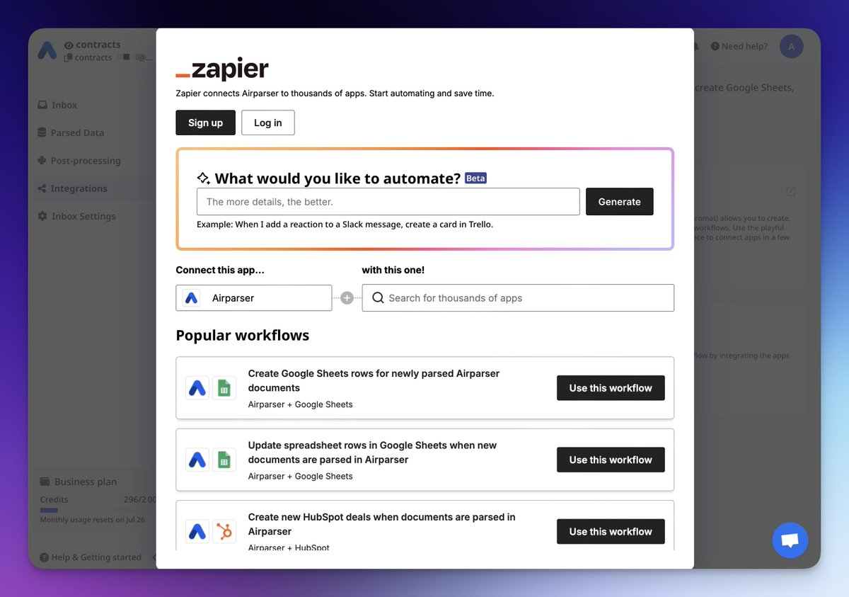 With Airparser with Zapier, you can seamlessly integrate with thousands of tools, automate workflows, and export parsed data — all without leaving the platform!