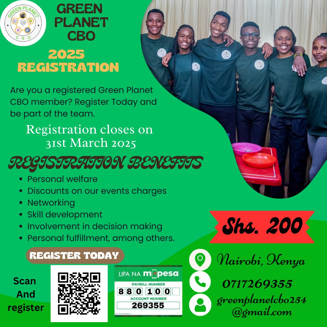 Greenplanet_cbo's tweet photo. Are you a registered Green Panet CBO member?😊
Join the team Today and together let's create Greener Pastures💚💚
Registration is only Kenyan Shillings 200 
Enjoy the benefits of being a Green Planet member by being one

Use the link below and Register:
https://t.co/3vrCv0vBk4 https://t.co/DrLIYR6Qqz