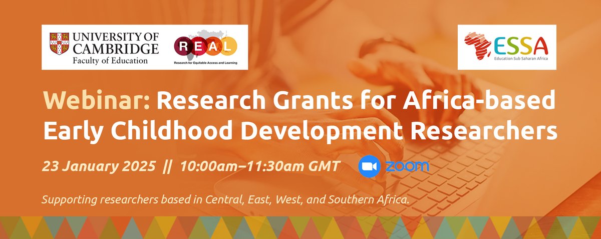 🌟 Africa-based researchers w/ PhD: This is for you!
Join the <a href="/REAL_Centre/">REALCentre Cambridge</a>+<a href="/ESSA_Africa/">ESSA</a> webinar on 23 Jan 2025, 10:00am GMT to learn about $15,000 grants for Early Childhood Development research in Africa.
📌Learn more: bit.ly/4iLmEsw
📌Register: bit.ly/40roFBI