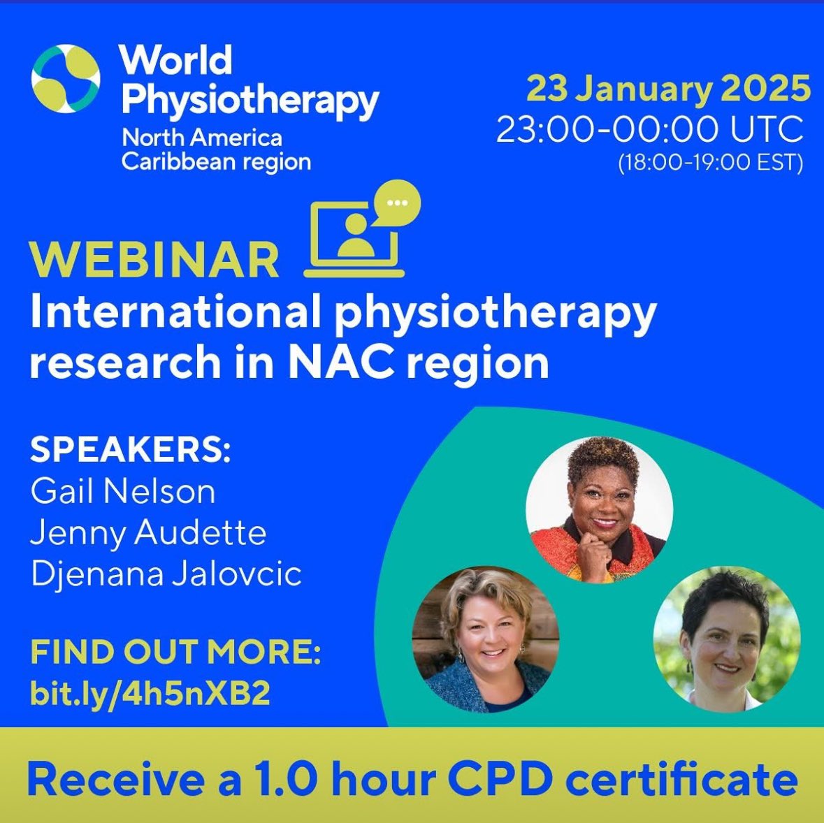The World Physiotherapy North America Region is hosting its FIRST webinar in 2025 on “International Physiotherapy Research in the NAC region
This webinar is FREE 
Registration:
us02web.zoom.us/webinar/regist…

<a href="/WorldPhysioNACR/">World Physiotherapy NAC</a>