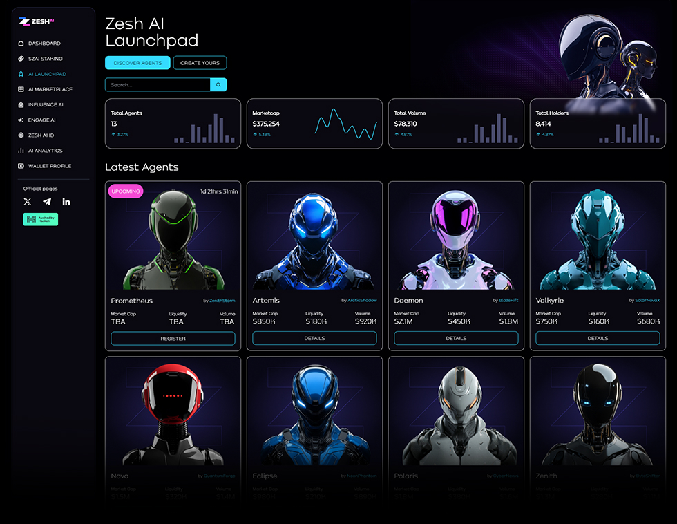 Introducing the Zesh AI Launchpad   
 
Pair token launches with AI Agents.  
  
Ensure liquidity, integrate cutting-edge AI, and create a sustainable cash flow for your ecosystem.    

The future of Web3 is Zesh AI.