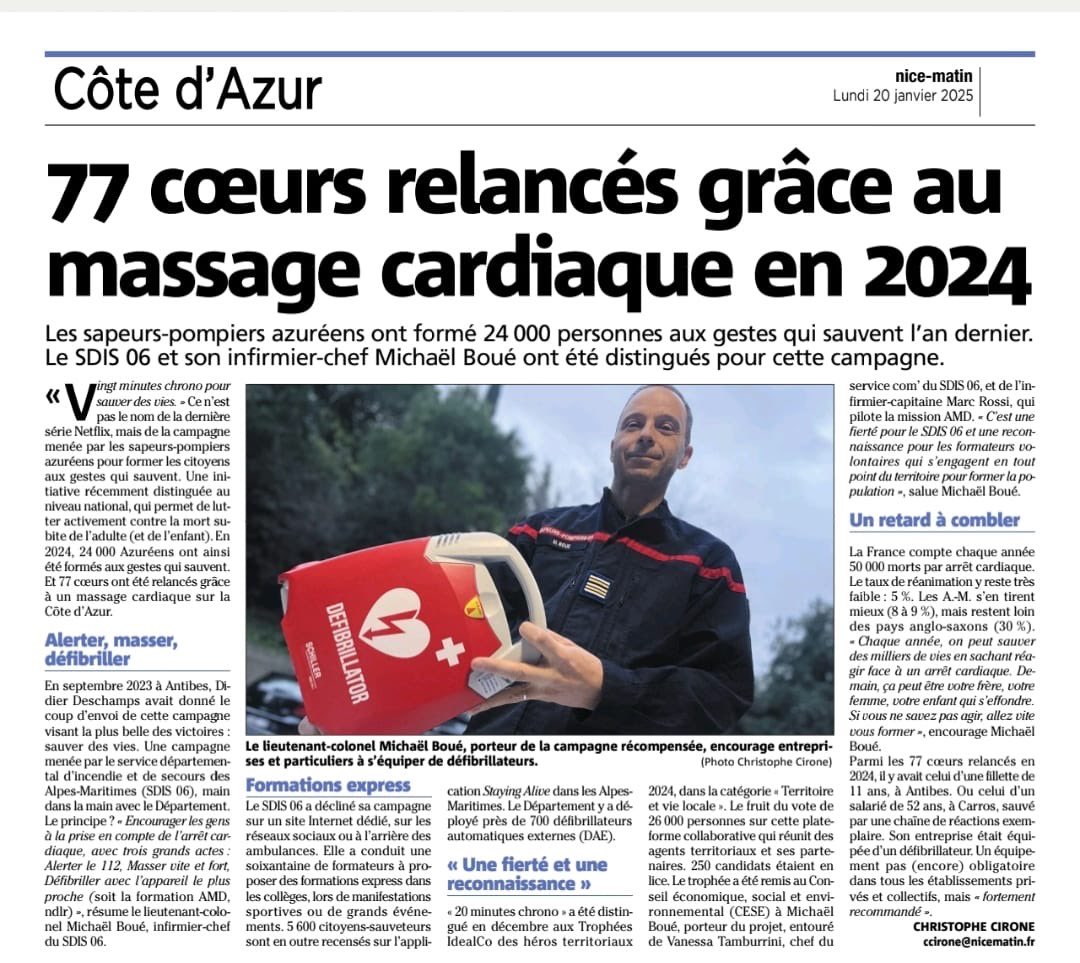 DéfibrillaThor 06 (@defibrillathor) on Twitter photo 🏆La campagne « 20 minutes chrono » distinguée au niveau national. C’est le temps pour vous former et nous aider à sauver plus de vies.
Renseignez vous sur le site des Pompiers des <a href="/AlpesMaritimes/">alpesmaritimes</a> .
👉 amd.sdis06.fr
🗞️ nicematin.com/amp/sante/-20-… 🏆La campagne « 20 minutes chrono » distinguée au niveau national. C’est le temps pour vous former et nous aider à sauver plus de vies.
Renseignez vous sur le site des Pompiers des <a href="/AlpesMaritimes/">alpesmaritimes</a> .
👉 amd.sdis06.fr
🗞️ nicematin.com/amp/sante/-20-…