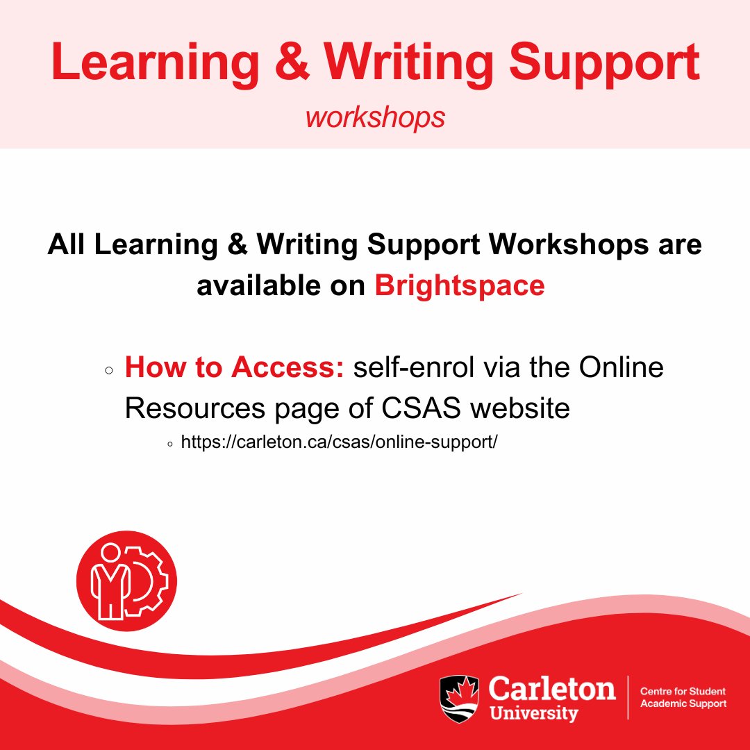 CarletonU_CSAS's tweet image. Ravens, you can find all of our learning and writing support workshops on Brightspace.

If you are completing a workshop as part of the Incentive Program, please check your course outline  for any requirements &amp;amp; deadlines.

Self-enrol: carleton.ca/csas/online-su…