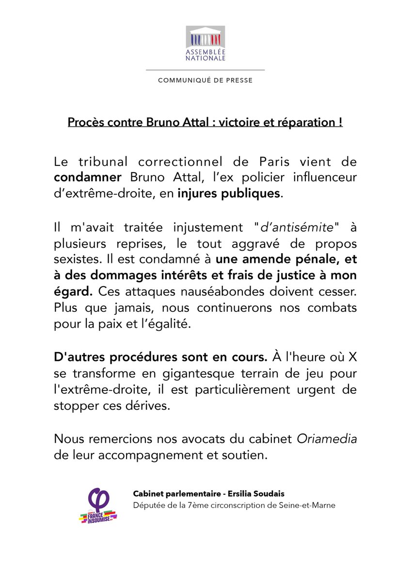 ⚖️ Bruno Attal, condamné pour injures publiques.

Merci au tribunal correctionnel de Paris pour cette décision ainsi qu'a mes avocats pour leur travail.

À l'infamie de l'insulte, nous continuerons de répondre par le droit !