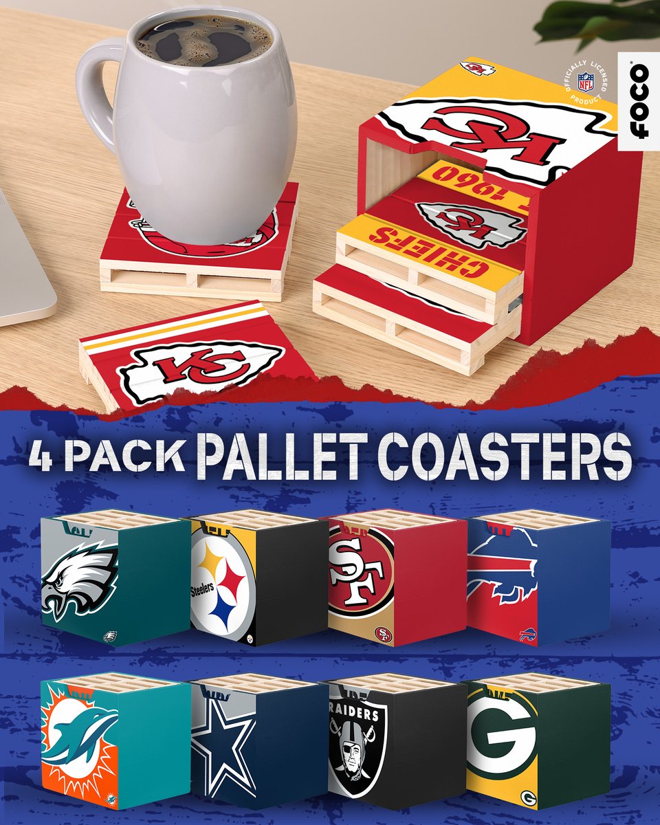 FOCOusa's tweet photo. 🚨 GIVEAWAY TIME 🚨  
 
Tag a friend below, retweet and tell us your favorite #NFL team to be eligible to win a 4-Pack Pallet Coaster of your choice from our site! 🆓 (1 comment = 1 entry) https://t.co/U20IlR57VY