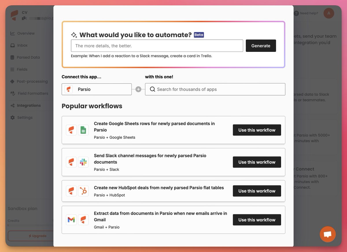 Now you can use Parsio with Zapier to connect to thousands of tools, export parsed data, and create powerful automations — all without leaving the platform!