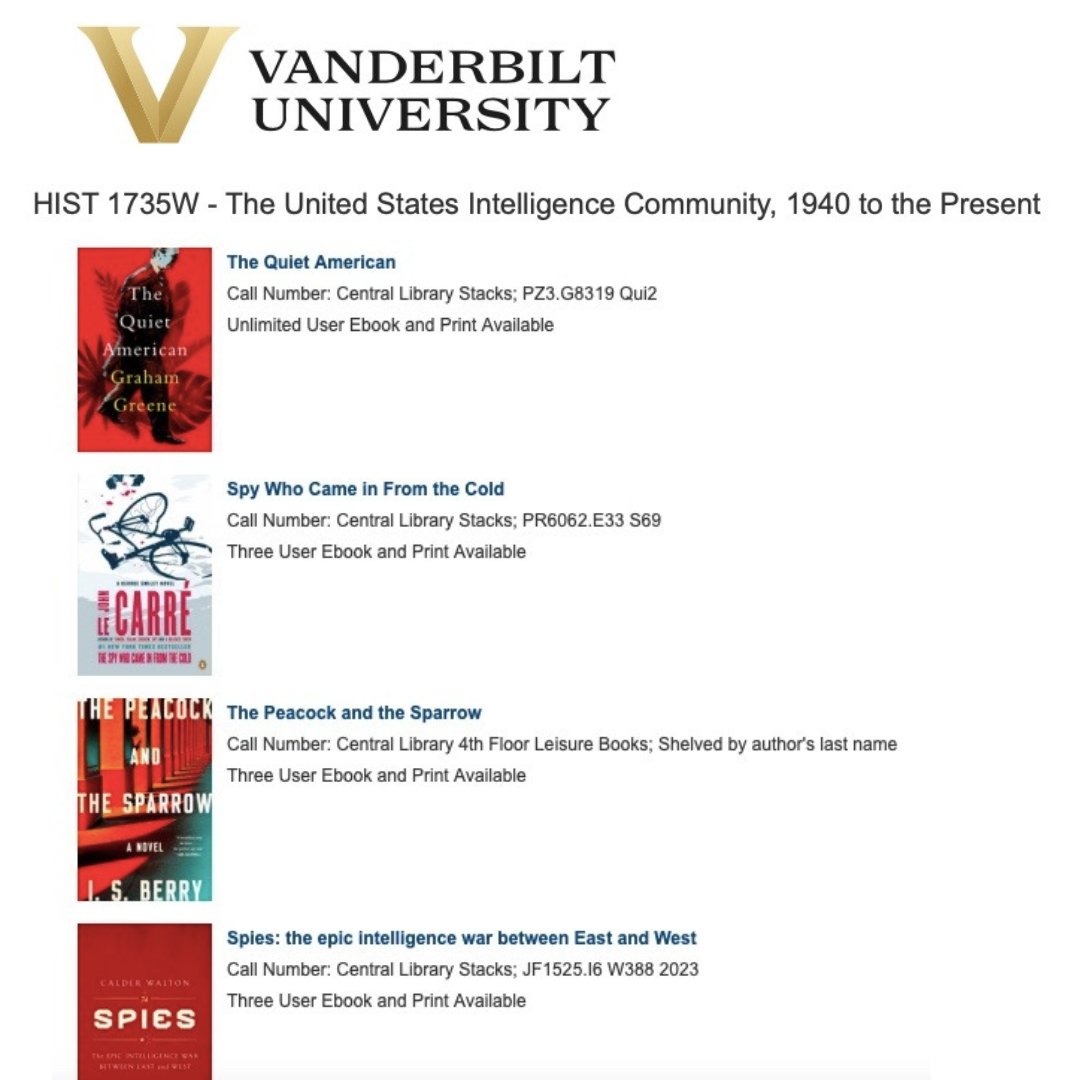 How cool is this? THE PEACOCK AND THE SPARROW is required reading for a <a href="/VanderbiltU/">Vanderbilt University</a> history course, "The United States Intelligence Community, 1940 to the Present." Alongside authors Graham Greene, le Carré, <a href="/calder_walton/">Calder Walton</a> (SPIES), &amp; others. Honored. #vanderbilt #spy