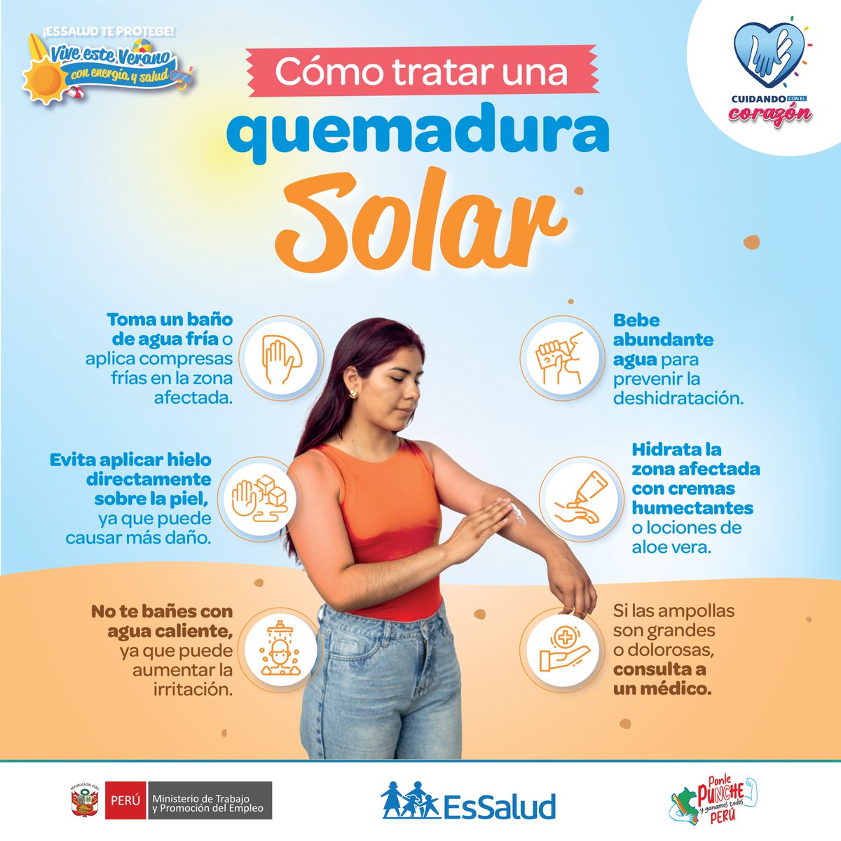 EsSaludPeru's tweet photo. ¿Sufriste una quemadura solar? ☀️ Protege tu piel con estos consejos para prevenir daños. https://t.co/k93T7zlhgn