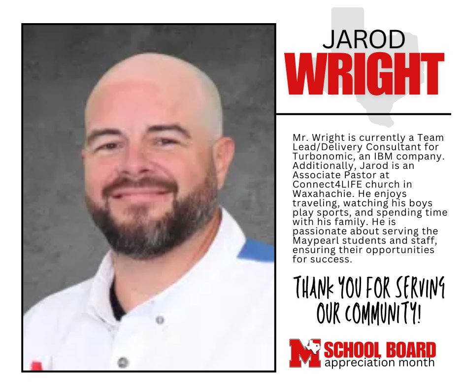 Throughout the month of January, Maypearl ISD will be highlighting our School Board members in honor of School Board Appreciation Month 

Thank you, Jarod Wright for your service to Maypearl ISD - our families and the community!
maypearlisd.org/view-all-news/…