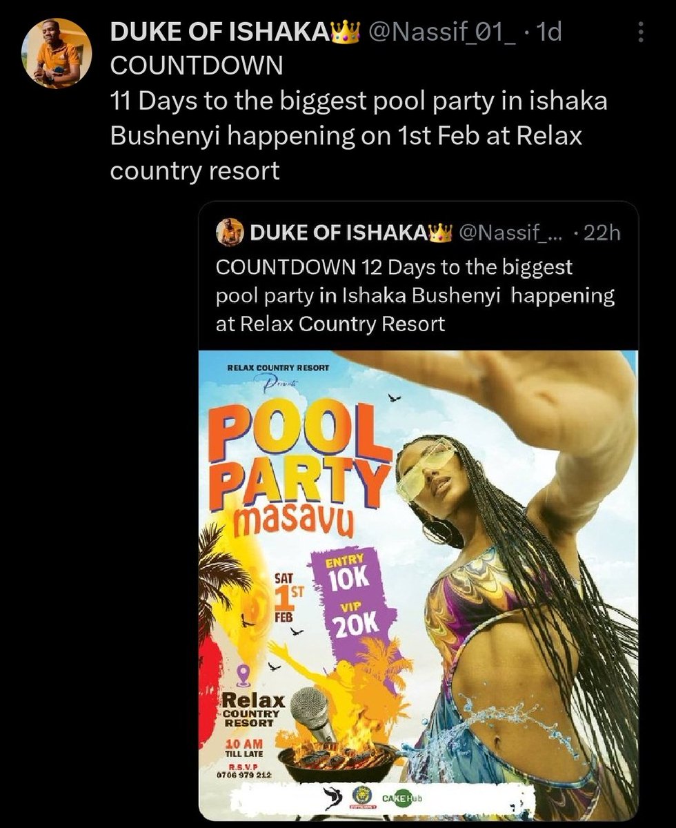 Nassif_01_'s tweet photo. COUNTDOWN  
10 Days to the biggest pool party in ishaka Bushenyi happening on 1st Feb at Relax country resort https://t.co/mBxvUiivBX
