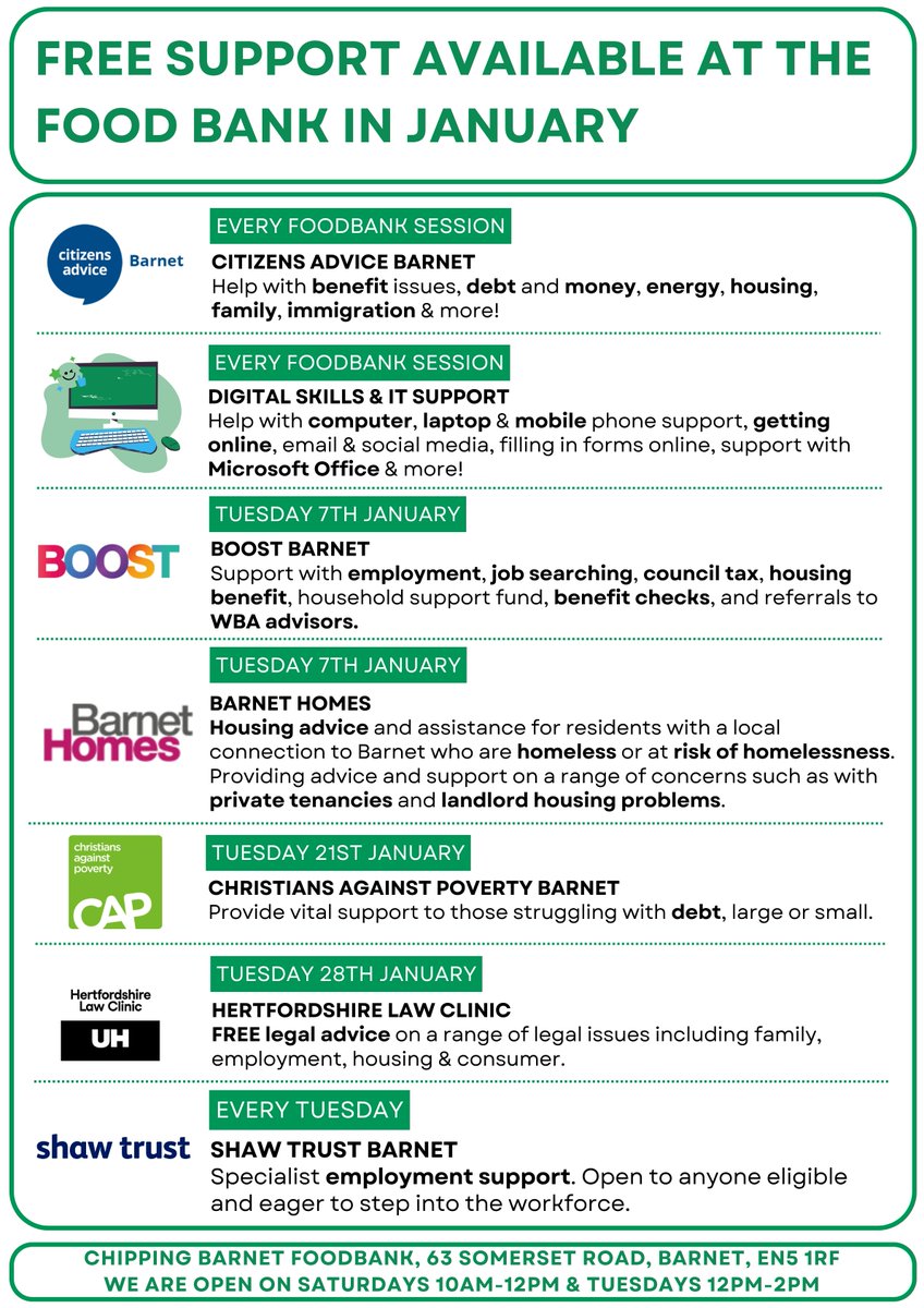 Please see below for information about the amazing range of on-site support here at the food bank in January.

We can help with things like navigating the benefits system, debt support, help with IT, legal advice, getting back into employment and much more!